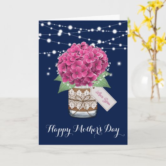 Roze Hortensia Schattige Rustieke Blauwe Moederdag Kaart (Gele Bloem)