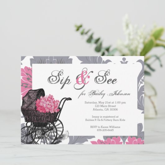 Roze hortensia Sip and See baby shower uitnodiging (Staand voorkant)