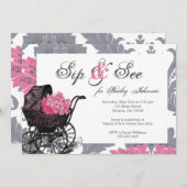 Roze hortensia Sip and See baby shower uitnodiging (Voorkant / Achterkant)