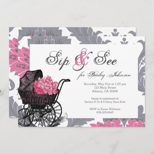 Roze hortensia Sip and See baby shower uitnodiging (Voorkant / Achterkant)