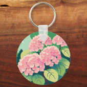 Roze Hortensia Struik Bloem Sleutelhanger (Voorkant)