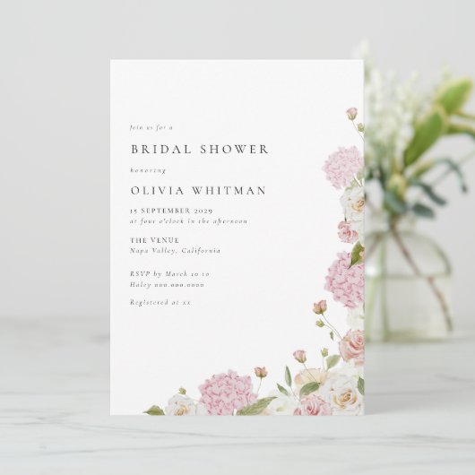 Roze Hortensia Witte Rozen Bruidsdouche Kaart (Staand voorkant)