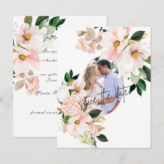 Roze Hortensia Witte Tulpen Foto Bruiloft  Save The Date (Voorkant / Achterkant)