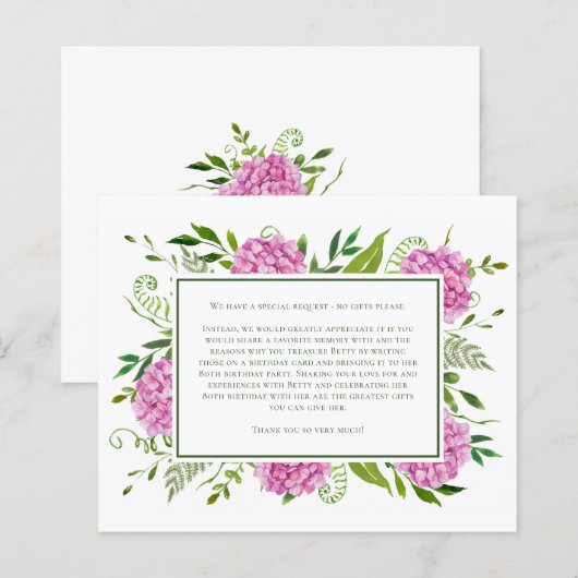 Roze Hortensia's 80ste Verjaardagskaart Verzoek (Voorkant / Achterkant)