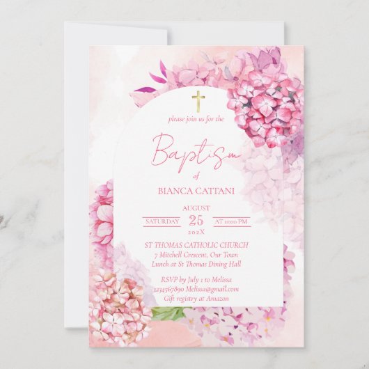 Roze hortensia's elegante bloemboogdoop kaart (Voorkant)