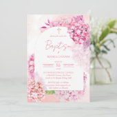 Roze hortensia's elegante bloemboogdoop kaart (Staand voorkant)