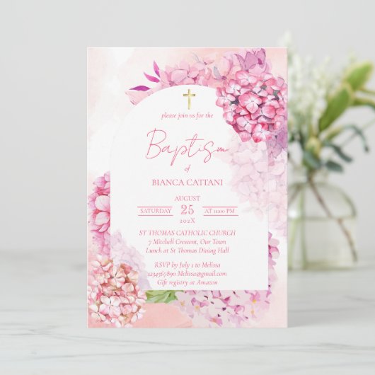 Roze hortensia's elegante bloemboogdoop kaart (Staand voorkant)