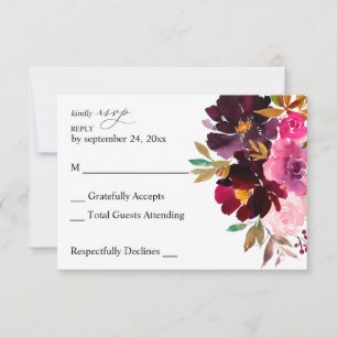 Roze Hot & Blush Roze & Paarse Bloemen geen maalti RSVP Kaartje