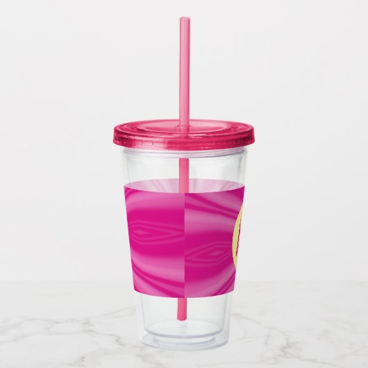 Roze Hot Bright Sunburst Monogram Yellow Circle Acryl Drinkbeker (Rechts)