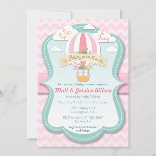 Roze hotair ballonmeisjes Baby shower uitnodiging (Voorkant)