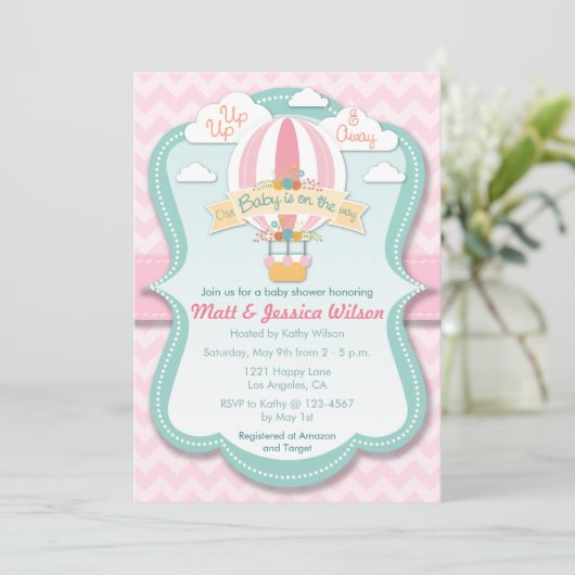 Roze hotair ballonmeisjes Baby shower uitnodiging (Staand voorkant)