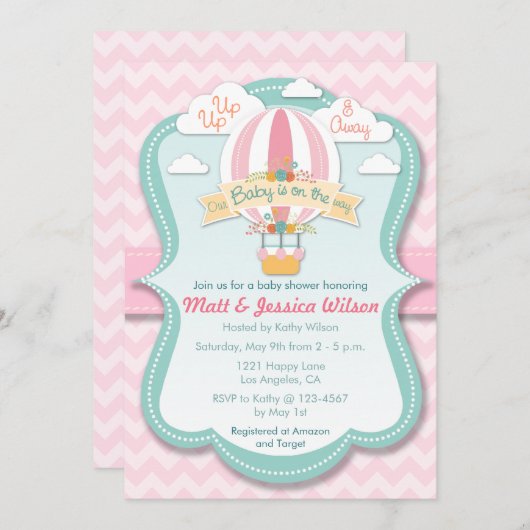 Roze hotair ballonmeisjes Baby shower uitnodiging (Voorkant / Achterkant)