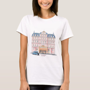 Roze Hotel Illustratie T-shirt in Europese stijl