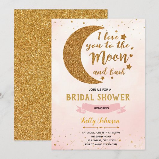 Roze houdt van je op de maan thema uitnodiging (Voorkant / Achterkant)