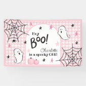 Roze Houndstooth Halloween Eerste Verjaardag Hey B Spandoek (Horizontaal)