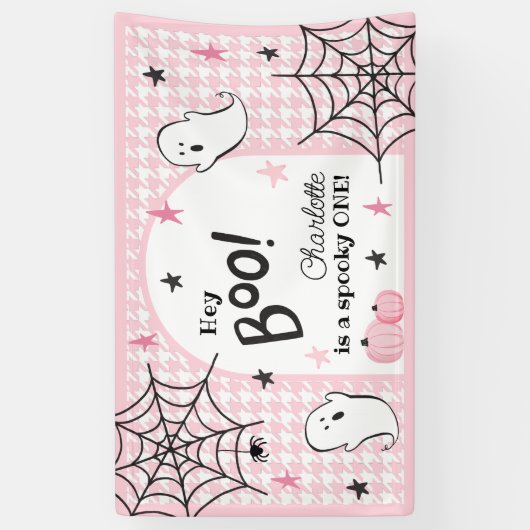 Roze Houndstooth Halloween Eerste Verjaardag Hey B Spandoek (Verticaal)