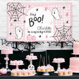 Roze Houndstooth Halloween Eerste Verjaardag Hey B Spandoek