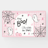 Roze Houndstooth Halloween Verjaardag Ghost Hey Bo Spandoek (Horizontaal)