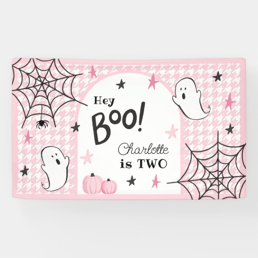 Roze Houndstooth Halloween Verjaardag Ghost Hey Bo Spandoek (Horizontaal)