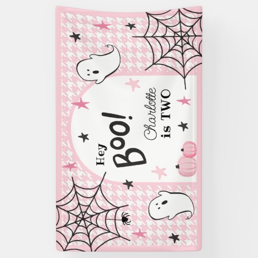 Roze Houndstooth Halloween Verjaardag Ghost Hey Bo Spandoek (Verticaal)