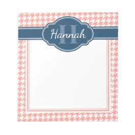 Roze Houndstooth Patroon Blauw Monogram Notitieblok
