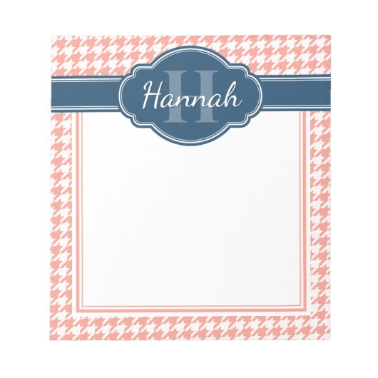 Roze Houndstooth Patroon Blauw Monogram Notitieblok (Voorkant)