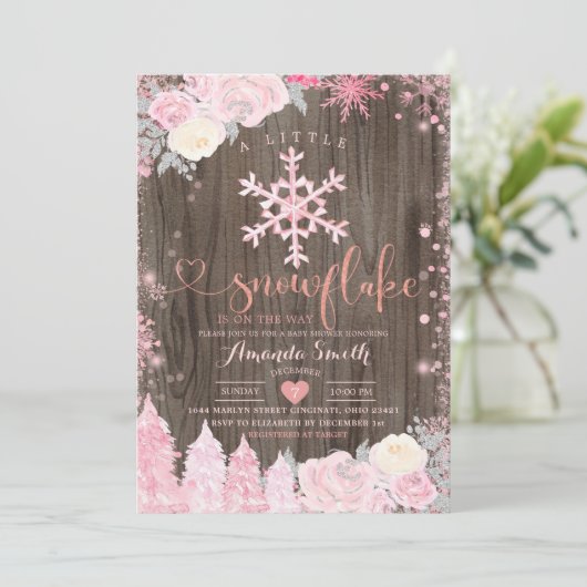 Roze hout een klein sneeuwvlokje bloem baby shower kaart (Staand voorkant)