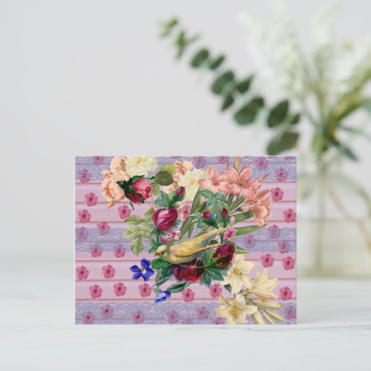  roze hout geel vogeltje kleurige flora briefkaart (Staand voorkant)