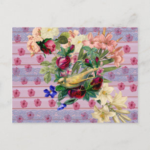  roze hout geel vogeltje kleurige flora briefkaart