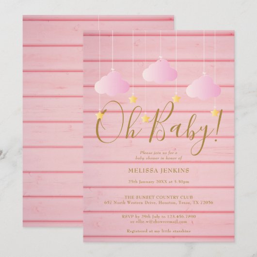 Roze Hout Twinkle Twinkle Oh Baby Baby Shower Kaart (Voorkant / Achterkant)