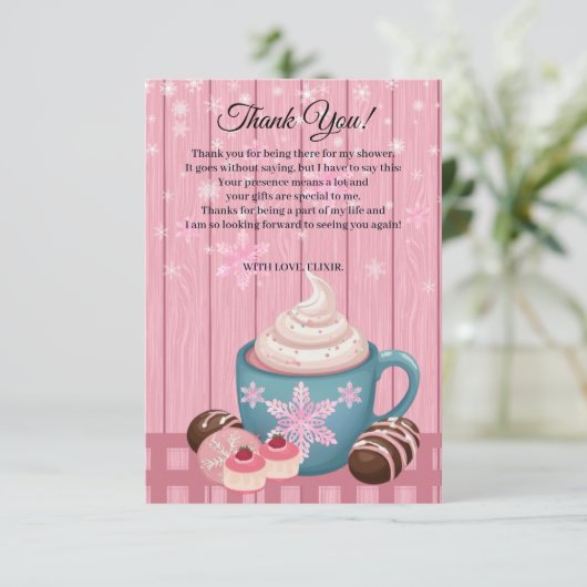 Roze Houten Hot Cocoa Whipped Cream Baby shower Bedankkaart (Staand voorkant)