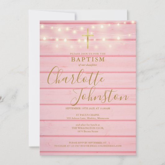 Roze Houten Lichten Script Doop doopsel Kaart (Voorkant)