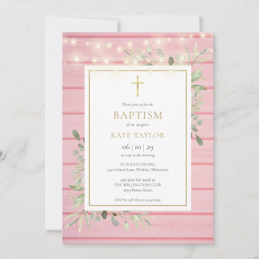 Roze Houten Lichtjes Groene Doop Christening Kaart (Voorkant)