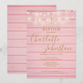 Roze houten lichtjes Script Doop Doopfeest Kaart (Voorkant / Achterkant)