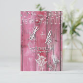 Roze houten slingerlamp met jampotjes in boho stij save the date (Staand voorkant)