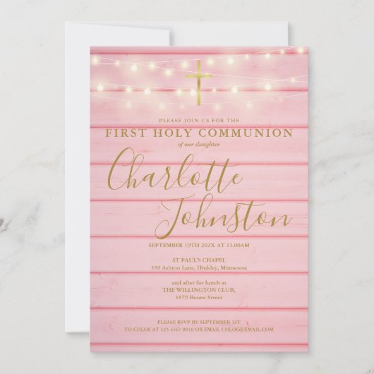 Roze houten slingerlichten Eerste Heilige Communie Kaart (Voorkant)