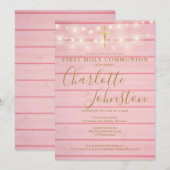 Roze houten slingerlichten Eerste Heilige Communie Kaart (Voorkant / Achterkant)