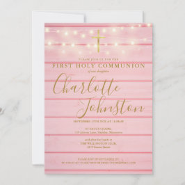 Roze houten slingerlichten Eerste Heilige Communie Kaart