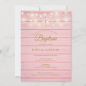 Roze houten slingerlichtjes Doop Christening Kaart (Voorkant)