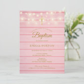 Roze houten slingerlichtjes Doop Christening Kaart (Staand voorkant)