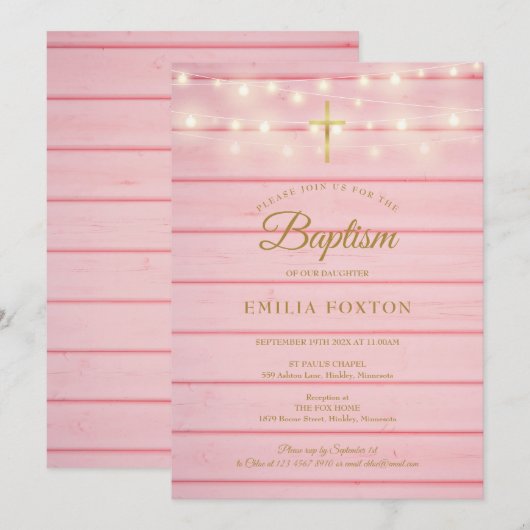 Roze houten slingerlichtjes Doop Christening Kaart (Voorkant / Achterkant)