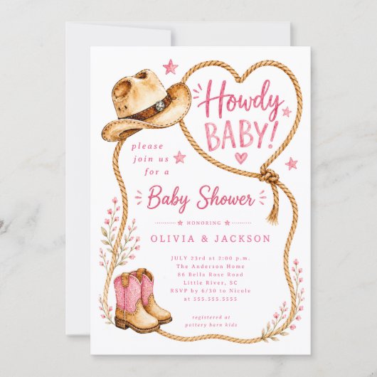 Roze Howdy Baby Shower Uitnodiging (Voorkant)