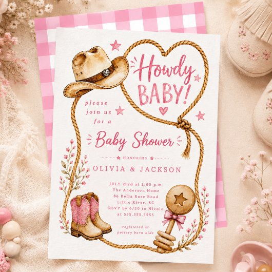 Roze Howdy Baby Shower Uitnodiging
