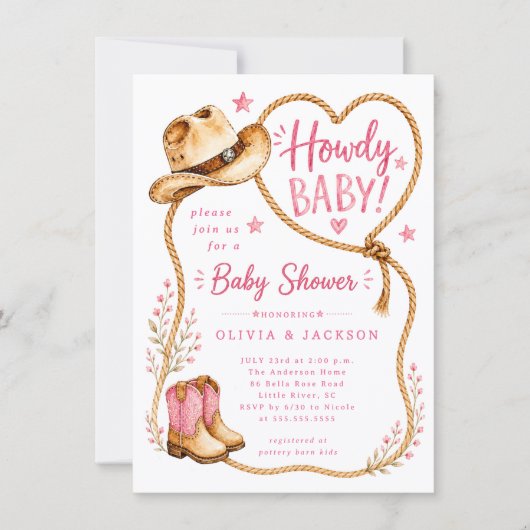 Roze Howdy Baby Shower Uitnodiging (Voorkant)