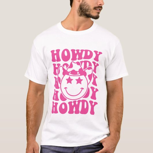 Roze Howdy Smile Face Rodeo Western Land T-shirt (Voorkant)