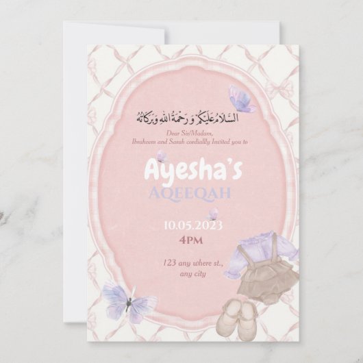 Roze Hues Baby Meisje Aqeeqah Uitnodiging (Voorkant)