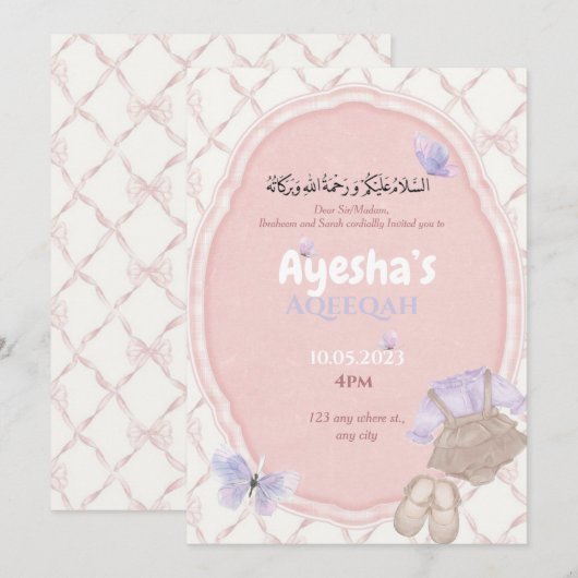 Roze Hues Baby Meisje Aqeeqah Uitnodiging (Voorkant / Achterkant)