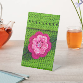 Roze Hues Bloed Green Leaf Designer Crochet Print Reclamebord Met Voetstuk
