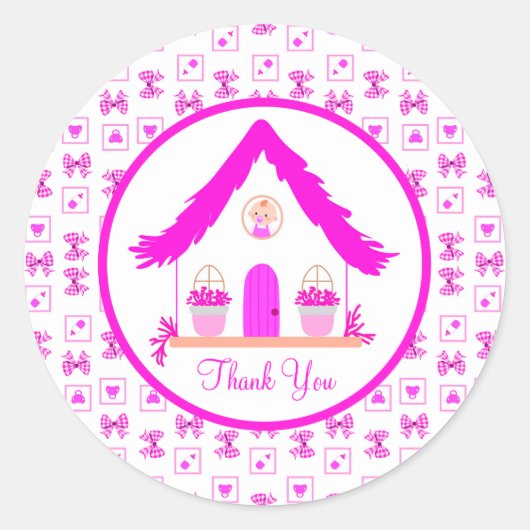 Roze huis Dank u Baby shower Ronde Sticker (Voorkant)