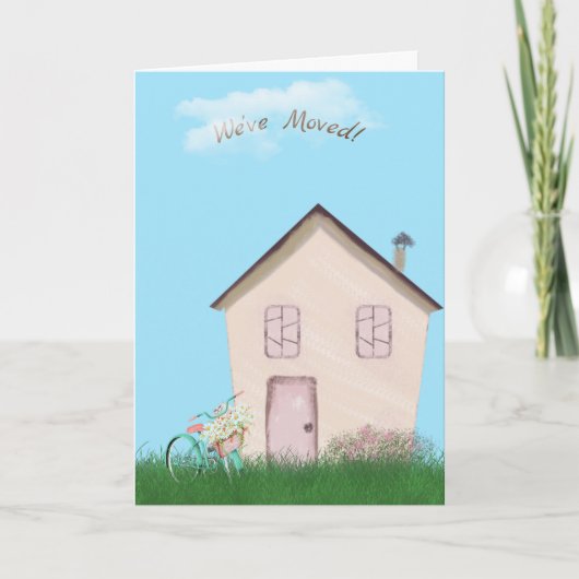 roze huis met fiets en kat voor nieuw huis kaart (Voorkant)